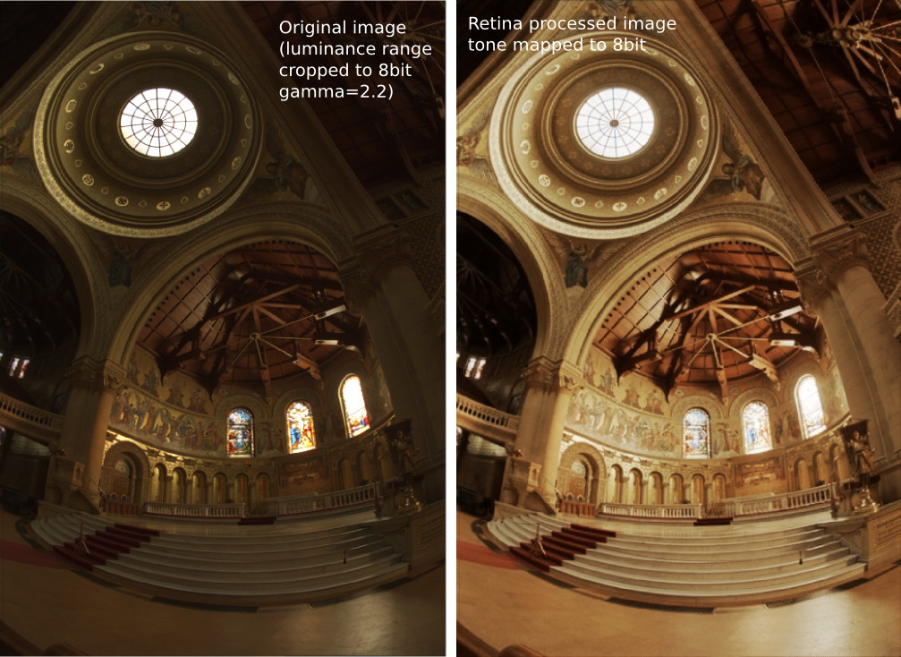 HDR image tone mapping example with the same generic parameters. Original image comes from http://www.pauldebevec.com/Research/HDR/memorial.exr)